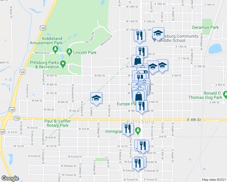 map of restaurants, bars, coffee shops, grocery stores, and more near 306 West 7th Street in Pittsburg