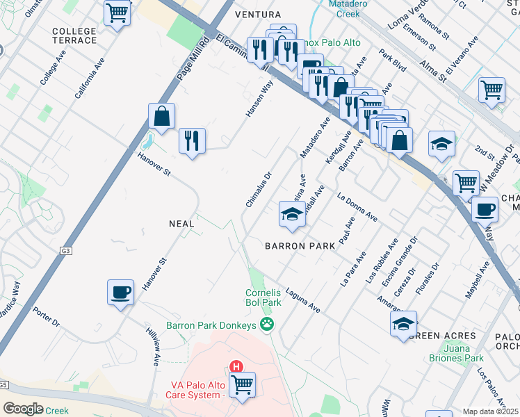 map of restaurants, bars, coffee shops, grocery stores, and more near 800 Matadero Avenue in Palo Alto