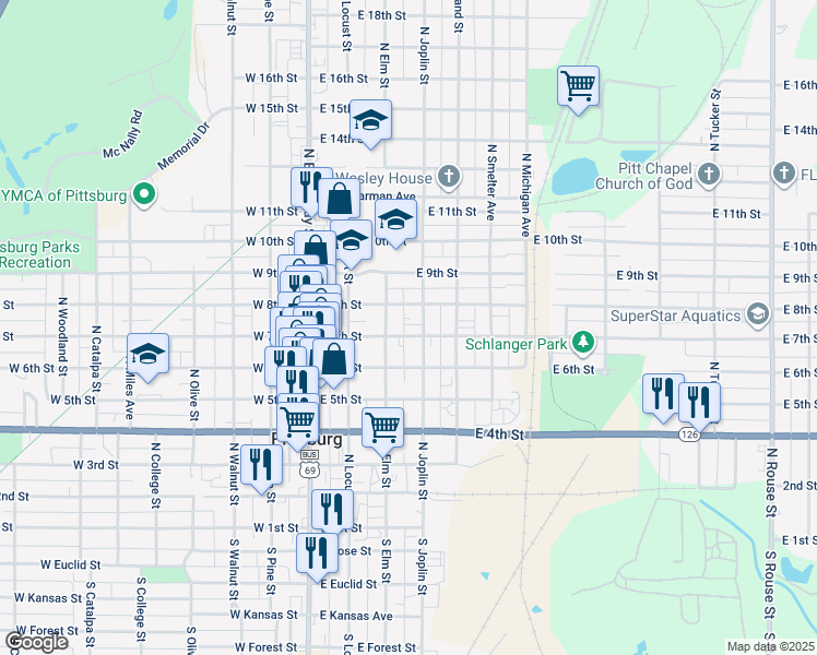 map of restaurants, bars, coffee shops, grocery stores, and more near 305 East 7th Street in Pittsburg