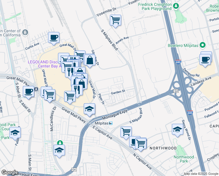 map of restaurants, bars, coffee shops, grocery stores, and more near 1315 Merry Loop in Milpitas
