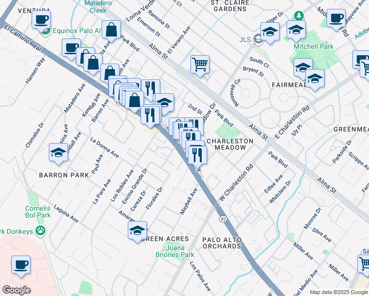 map of restaurants, bars, coffee shops, grocery stores, and more near 4115 El Camino Real in Palo Alto