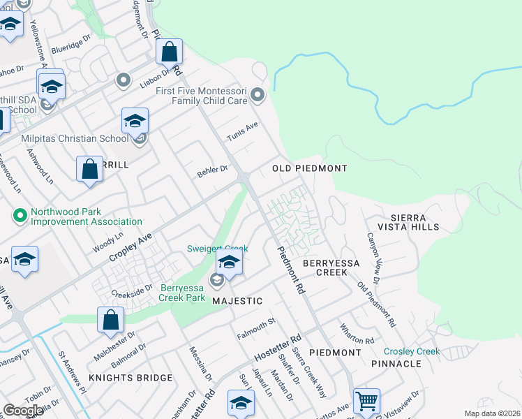 map of restaurants, bars, coffee shops, grocery stores, and more near Piedmont Rd & Majestic Way in San Jose