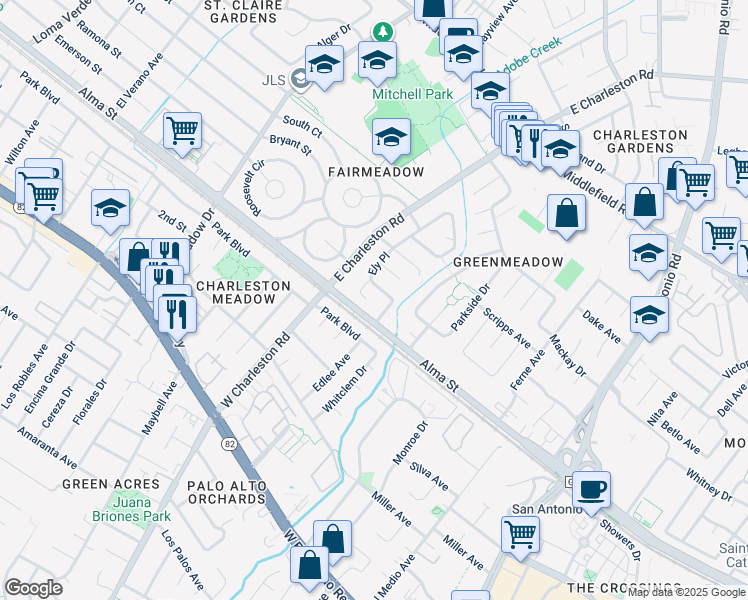 map of restaurants, bars, coffee shops, grocery stores, and more near 124 Lundy Lane in Palo Alto