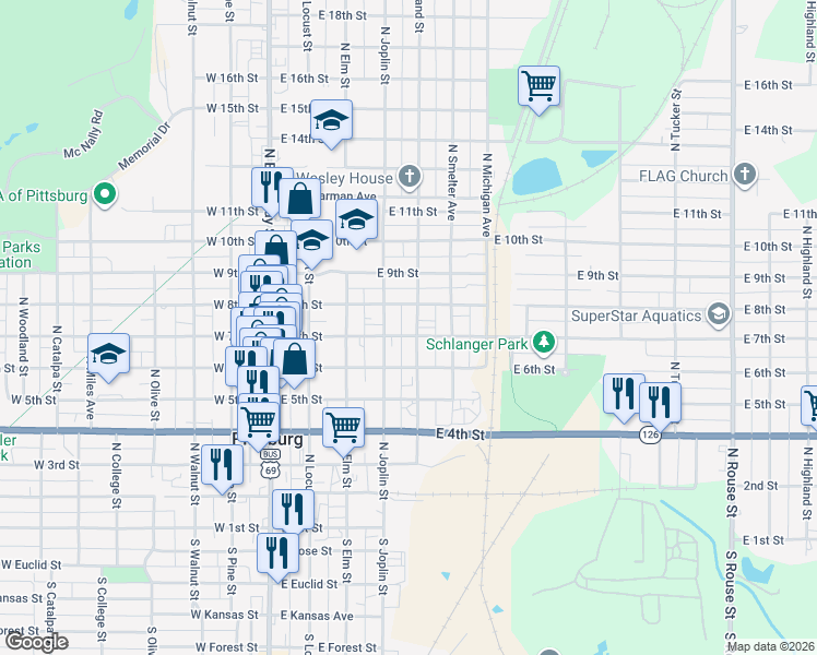 map of restaurants, bars, coffee shops, grocery stores, and more near 707 North Grand Street in Pittsburg