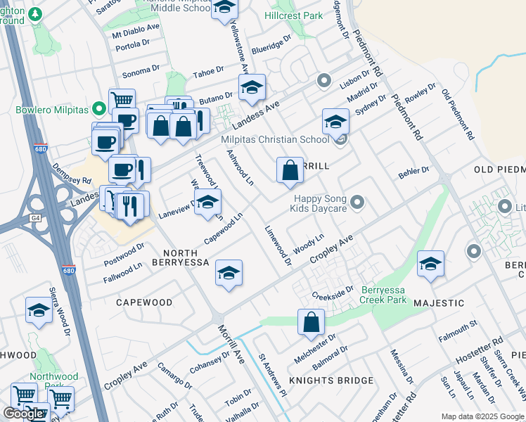 map of restaurants, bars, coffee shops, grocery stores, and more near 2034 Limewood Drive in San Jose