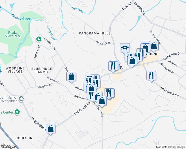 map of restaurants, bars, coffee shops, grocery stores, and more near 301 West Cadbury Drive in Lynchburg