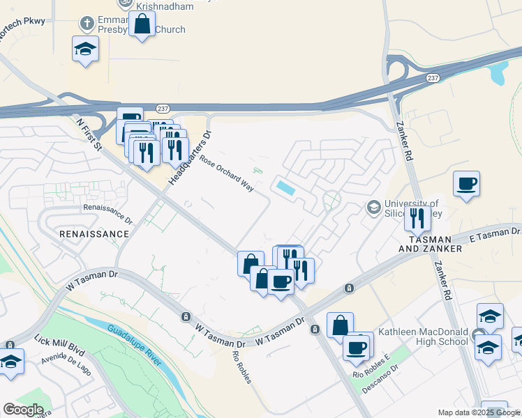 map of restaurants, bars, coffee shops, grocery stores, and more near 10 Rose Orchard Way in San Jose
