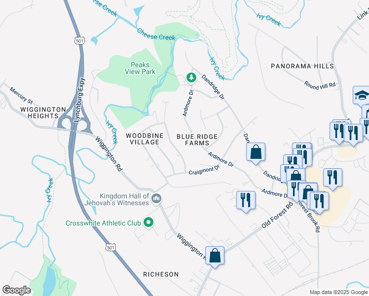 map of restaurants, bars, coffee shops, grocery stores, and more near 1412 Ramsgate Lane in Lynchburg