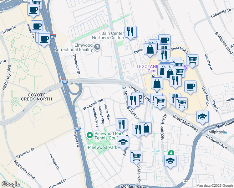 map of restaurants, bars, coffee shops, grocery stores, and more near 185 Evening Star Court in Milpitas