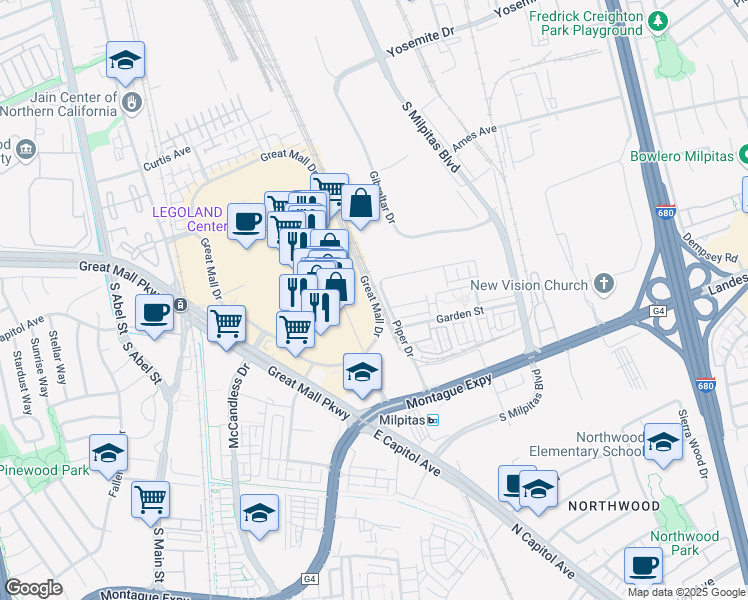 map of restaurants, bars, coffee shops, grocery stores, and more near 496 Great Mall Drive in Milpitas