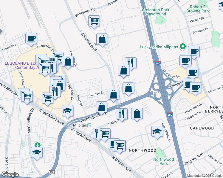 map of restaurants, bars, coffee shops, grocery stores, and more near 861 Garden Street in Milpitas