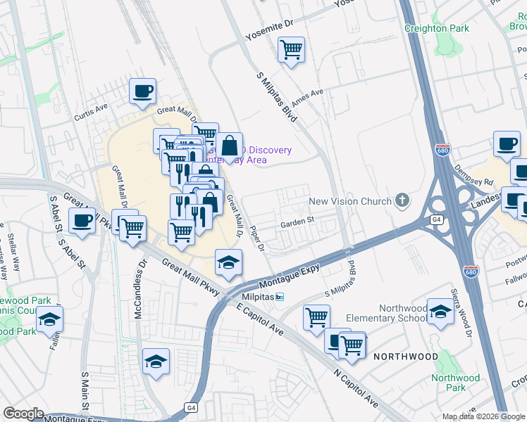map of restaurants, bars, coffee shops, grocery stores, and more near 500 Amalfi Loop in Milpitas