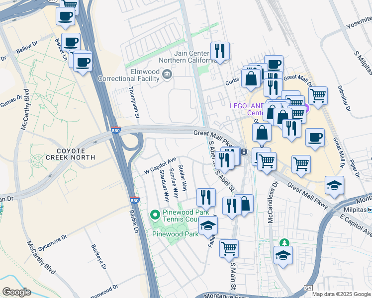 map of restaurants, bars, coffee shops, grocery stores, and more near 226 Evening Star Court in Milpitas