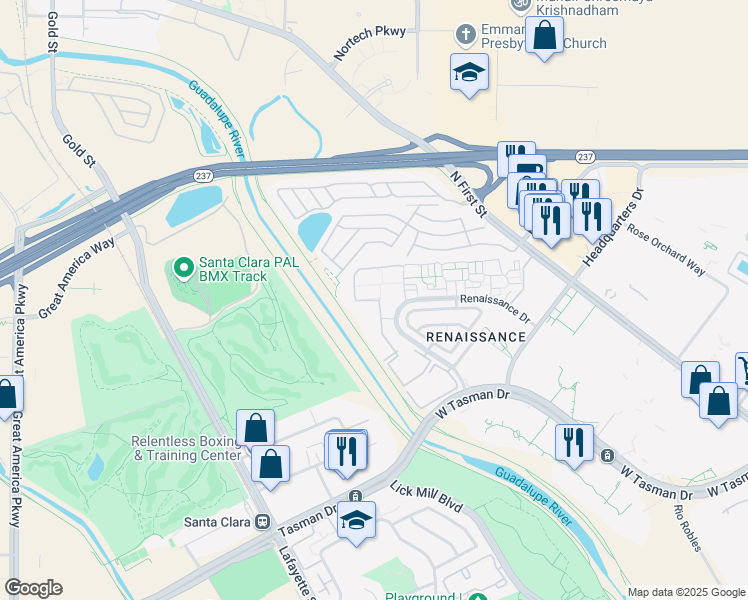 map of restaurants, bars, coffee shops, grocery stores, and more near 4307 Renaissance Drive in San Jose