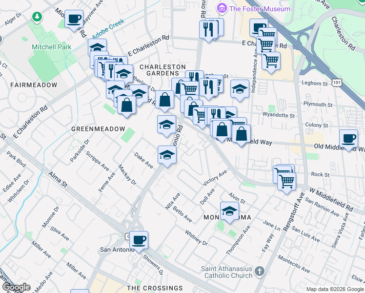 map of restaurants, bars, coffee shops, grocery stores, and more near 670 San Antonio Road in Mountain View