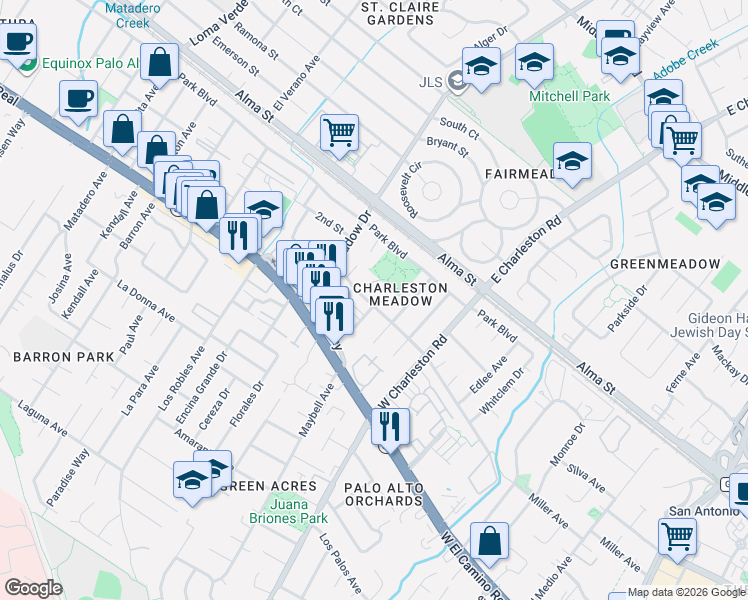 map of restaurants, bars, coffee shops, grocery stores, and more near 4127 Wilkie Court in Palo Alto