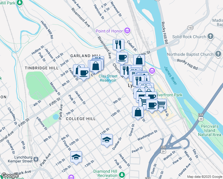 map of restaurants, bars, coffee shops, grocery stores, and more near 714 Clay Street in Lynchburg