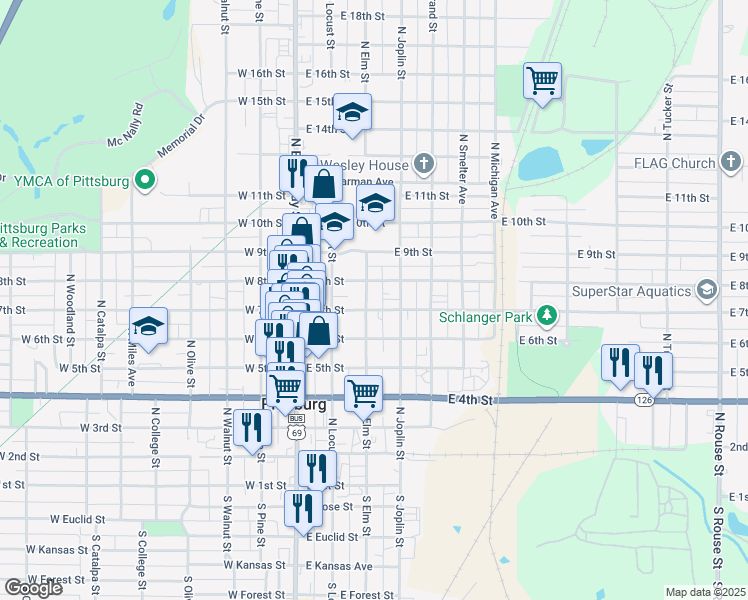 map of restaurants, bars, coffee shops, grocery stores, and more near 305 East 7th Street in Pittsburg
