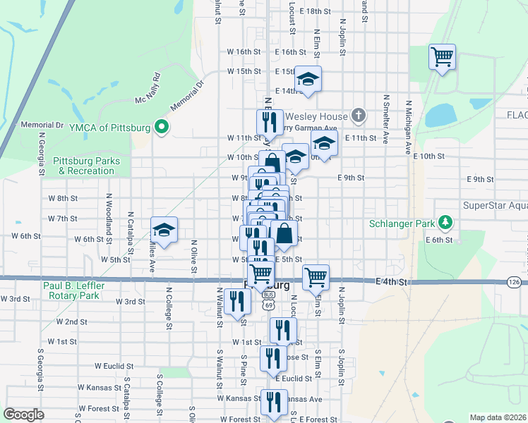map of restaurants, bars, coffee shops, grocery stores, and more near 707 North Broadway in Pittsburg
