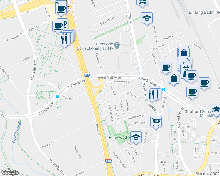 map of restaurants, bars, coffee shops, grocery stores, and more near 1009 Venus Way in Milpitas