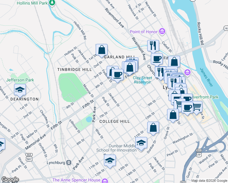 map of restaurants, bars, coffee shops, grocery stores, and more near 808 5th St in Lynchburg