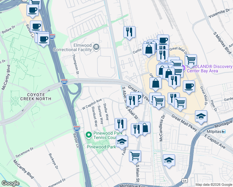 map of restaurants, bars, coffee shops, grocery stores, and more near 179 Evening Star Court in Milpitas