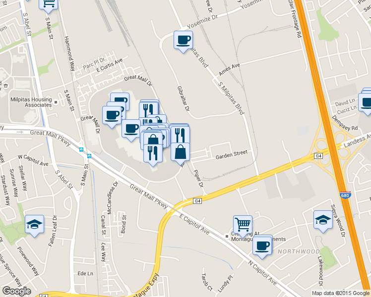 map of restaurants, bars, coffee shops, grocery stores, and more near 1296 Piper Drive in Milpitas