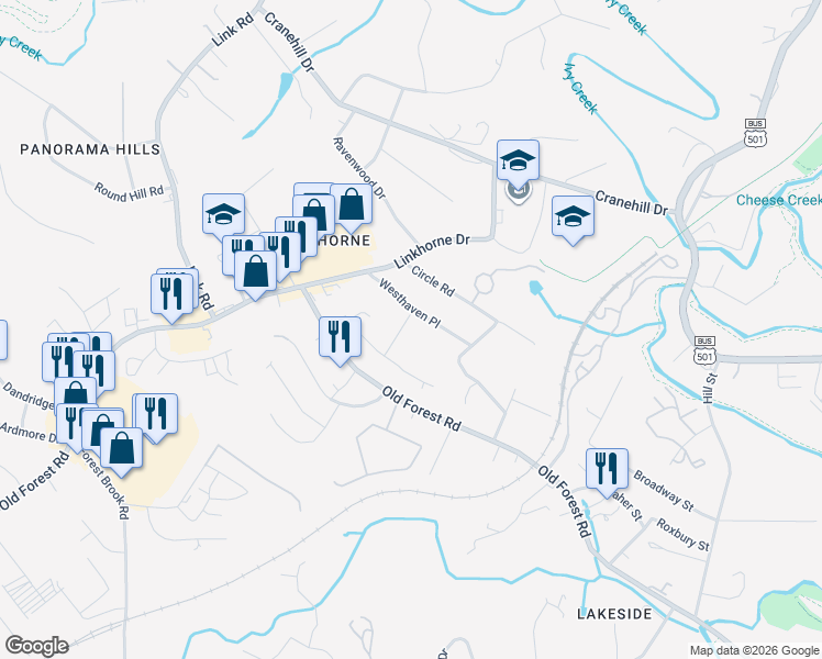 map of restaurants, bars, coffee shops, grocery stores, and more near 3201 Windemere Place in Lynchburg