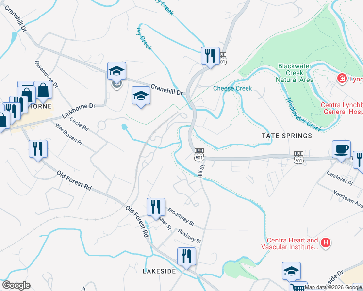 map of restaurants, bars, coffee shops, grocery stores, and more near 2004 Langhorne Road in Lynchburg