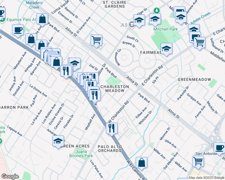 map of restaurants, bars, coffee shops, grocery stores, and more near 4127 Wilkie Court in Palo Alto