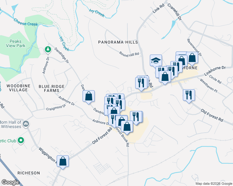 map of restaurants, bars, coffee shops, grocery stores, and more near 301 West Cadbury Drive in Lynchburg