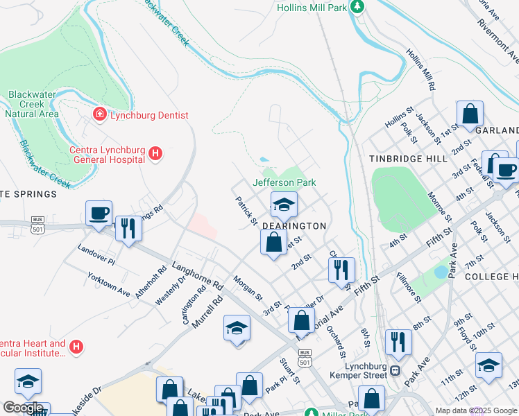 map of restaurants, bars, coffee shops, grocery stores, and more near 409 Smyth Street in Lynchburg
