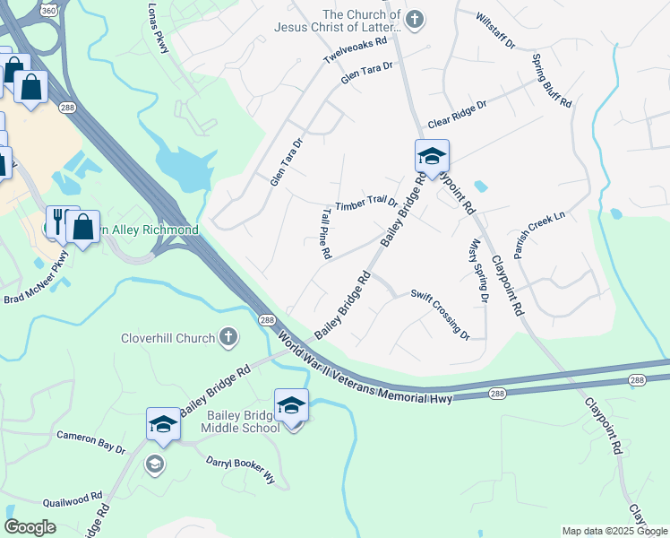 map of restaurants, bars, coffee shops, grocery stores, and more near 12029 Old Bailey Bridge Road in Midlothian