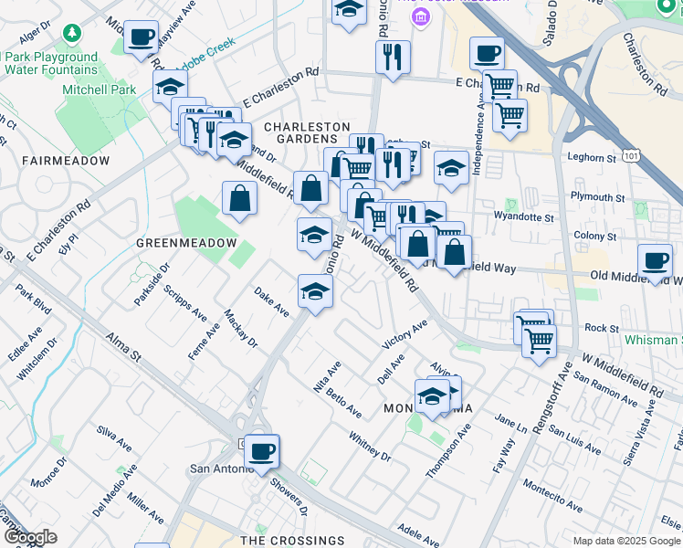 map of restaurants, bars, coffee shops, grocery stores, and more near 670 San Antonio Road in Palo Alto