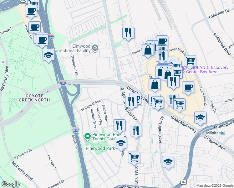 map of restaurants, bars, coffee shops, grocery stores, and more near 151 Evening Star Court in Milpitas