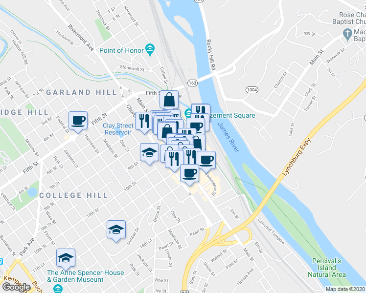 map of restaurants, bars, coffee shops, grocery stores, and more near 921 Commerce Street in Lynchburg