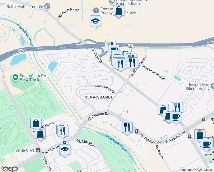 map of restaurants, bars, coffee shops, grocery stores, and more near 4175 Renaissance Drive in San Jose