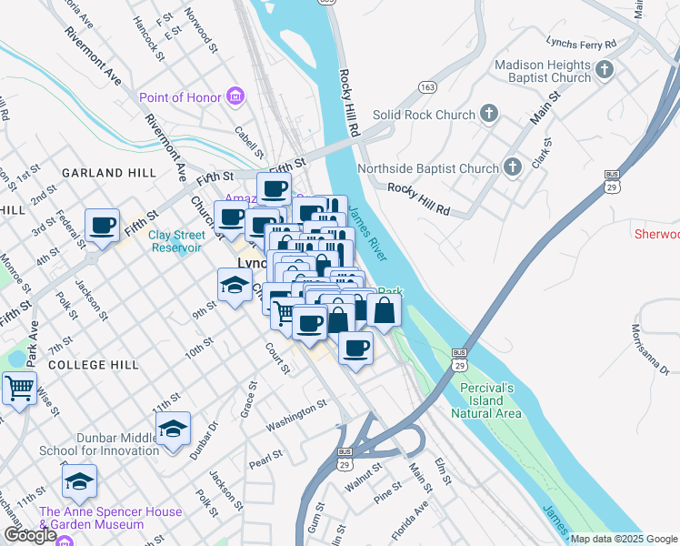 map of restaurants, bars, coffee shops, grocery stores, and more near 1016 Jefferson Street in Lynchburg