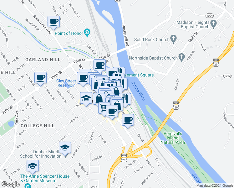 map of restaurants, bars, coffee shops, grocery stores, and more near 1000 Commerce Street in Lynchburg