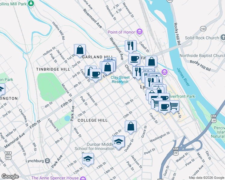 map of restaurants, bars, coffee shops, grocery stores, and more near in Lynchburg