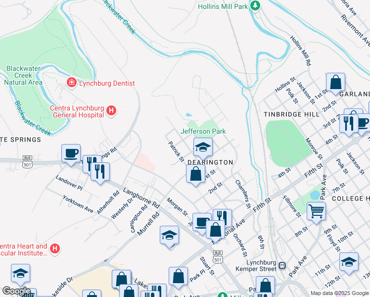 map of restaurants, bars, coffee shops, grocery stores, and more near 409 Smyth Street in Lynchburg