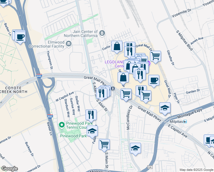 map of restaurants, bars, coffee shops, grocery stores, and more near Great Mall Parkway in Milpitas