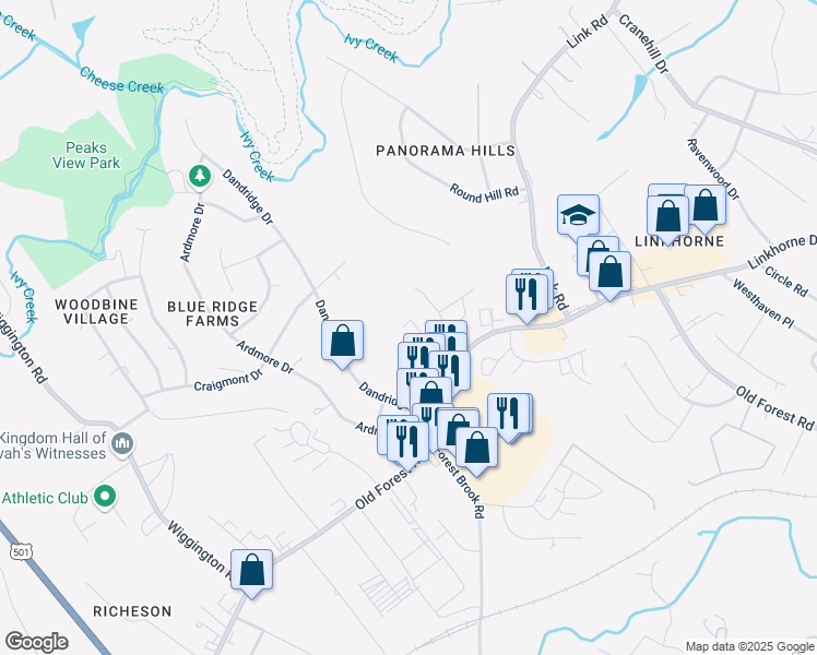 map of restaurants, bars, coffee shops, grocery stores, and more near 431 West Cadbury Drive in Lynchburg