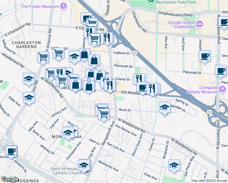 map of restaurants, bars, coffee shops, grocery stores, and more near North Rengstorff Avenue & Old Middlefield Way in Mountain View