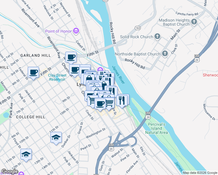 map of restaurants, bars, coffee shops, grocery stores, and more near 1016 Jefferson Street in Lynchburg