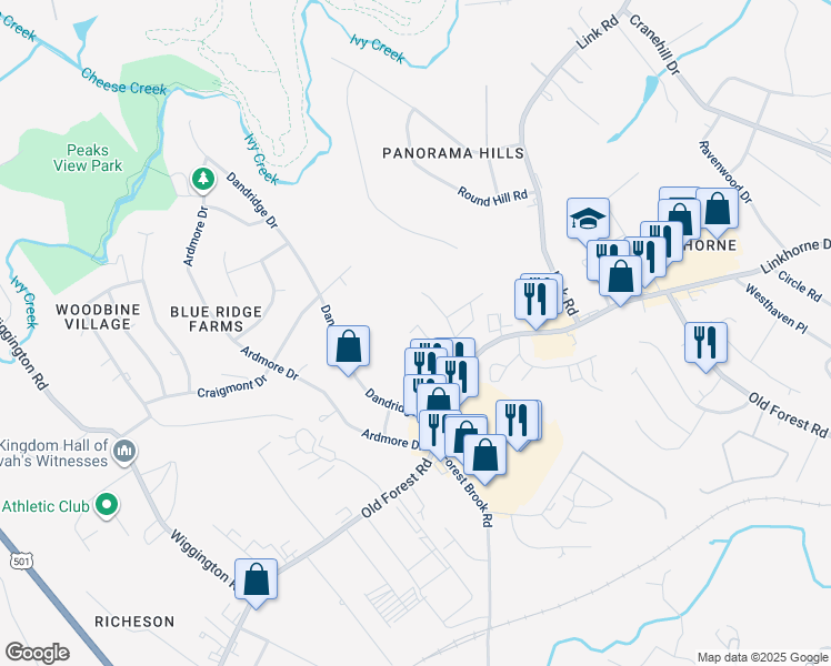 map of restaurants, bars, coffee shops, grocery stores, and more near 431 West Cadbury Drive in Lynchburg