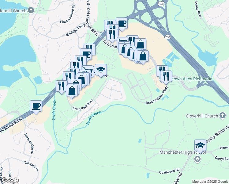map of restaurants, bars, coffee shops, grocery stores, and more near 13101 Lowery Bluff Way in Chesterfield