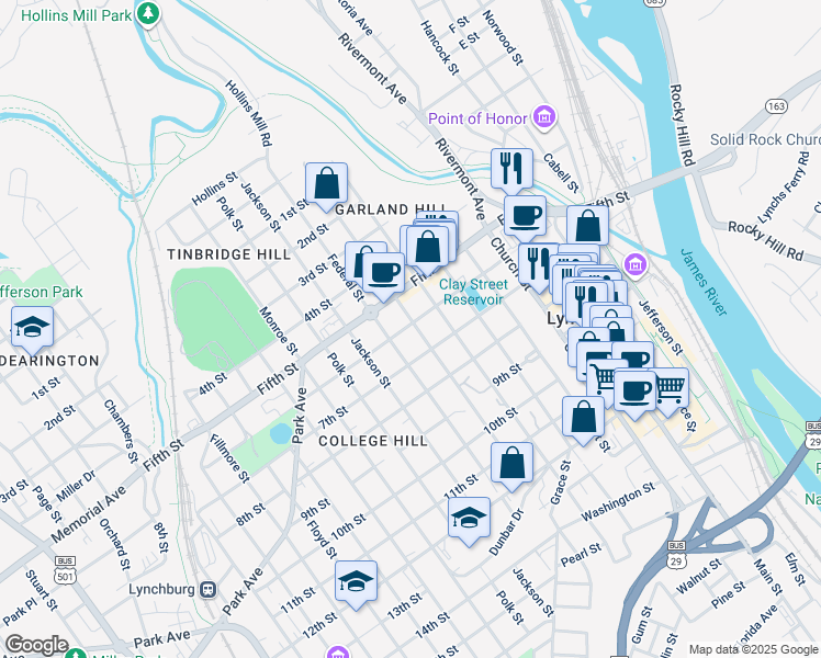 map of restaurants, bars, coffee shops, grocery stores, and more near 601 Harrison Street in Lynchburg