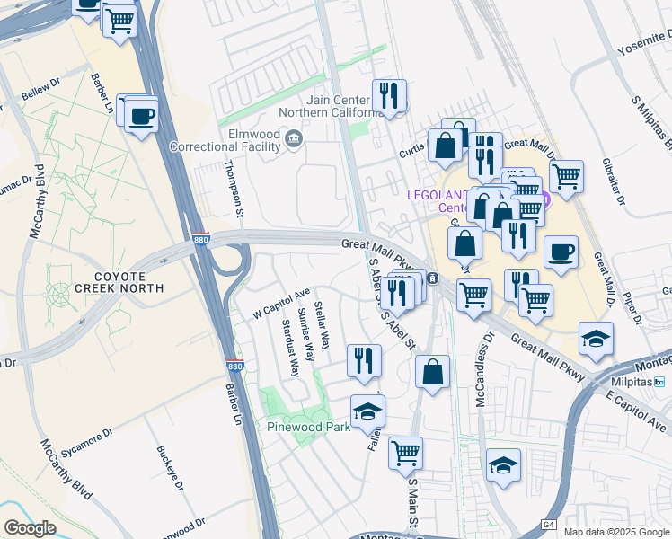 map of restaurants, bars, coffee shops, grocery stores, and more near 226 Evening Star Court in Milpitas