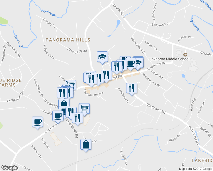 map of restaurants, bars, coffee shops, grocery stores, and more near 3009 Old Forest Rd in Lynchburg